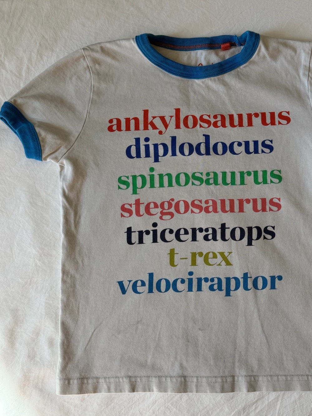 Mini Boden Dinosaur Names Ringer Tee Kids 4-5Y White Blue